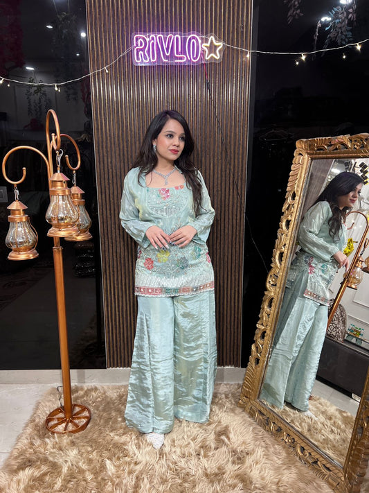 Ice Blue 3 Piece Embroidered Kurta Set with Flowy Palazzo RC467