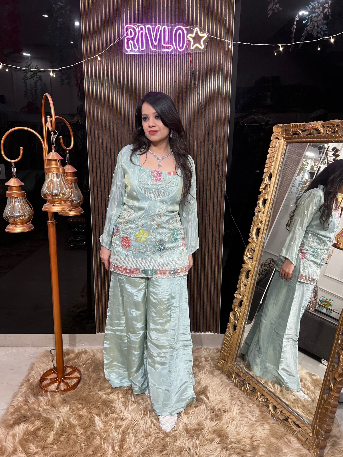 Ice Blue 3 Piece Embroidered Kurta Set with Flowy Palazzo RC467