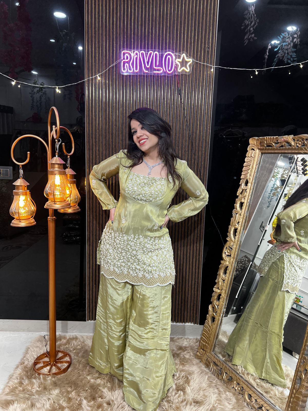 Green 3 Piece Embroidered Kurta Set with Flowy Palazzo RC468