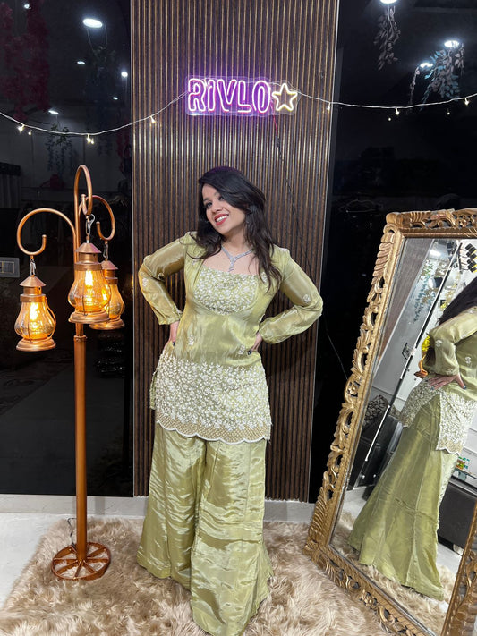 Green 3 Piece Embroidered Kurta Set with Flowy Palazzo RC468