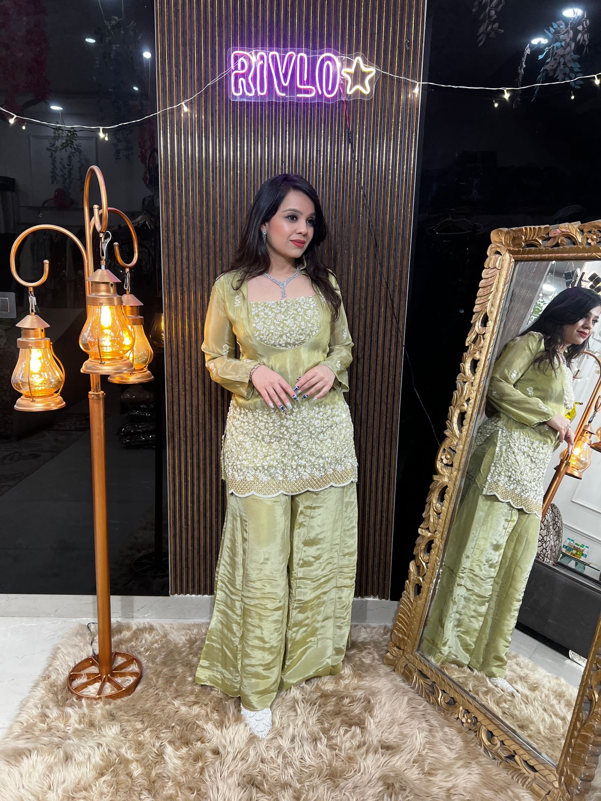 Green 3 Piece Embroidered Kurta Set with Flowy Palazzo RC468