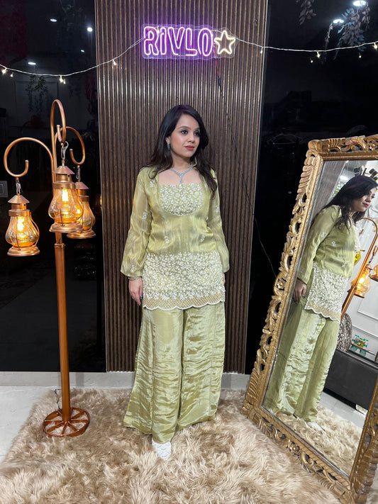 Green 3 Piece Embroidered Kurta Set with Flowy Palazzo RC468