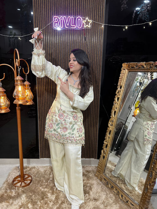 Ivory 4 Piece Embroidered Kurta Set with Flowy Palazzo RC469