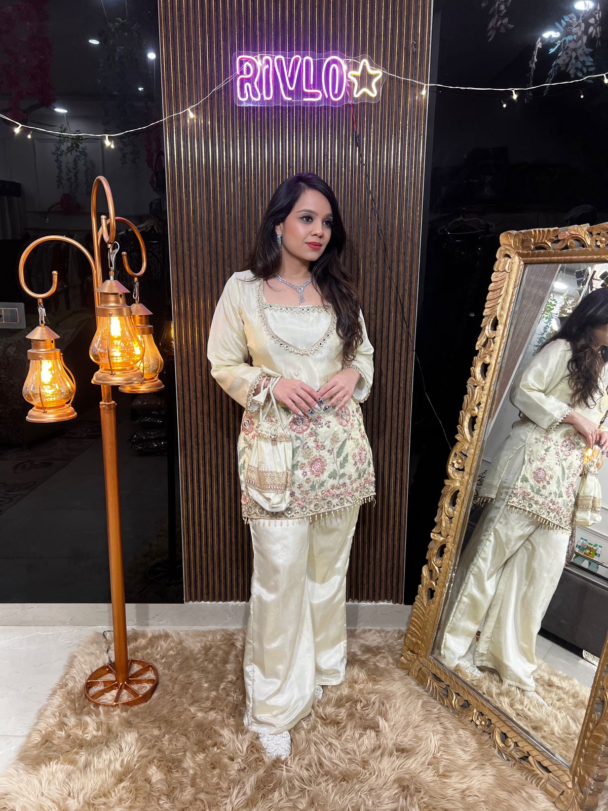 Ivory 4 Piece Embroidered Kurta Set with Flowy Palazzo RC469