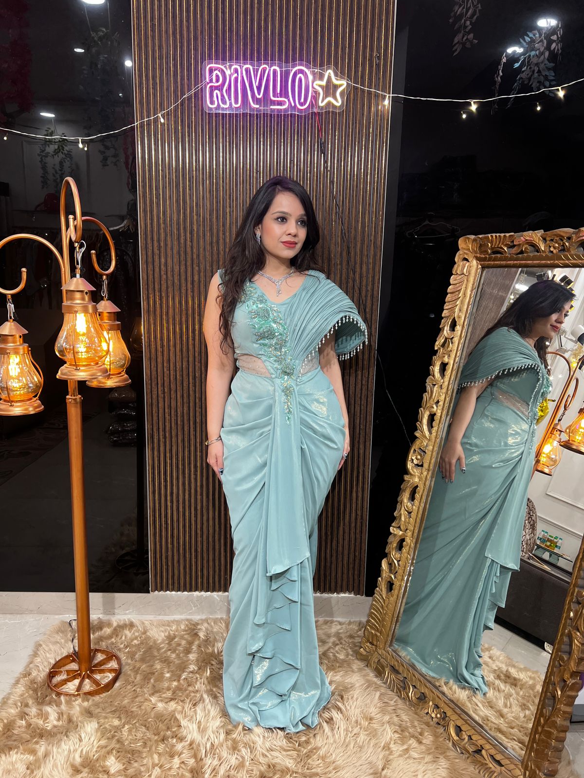 Ivory Draped Evening Gown with Embellished Detailing RC470