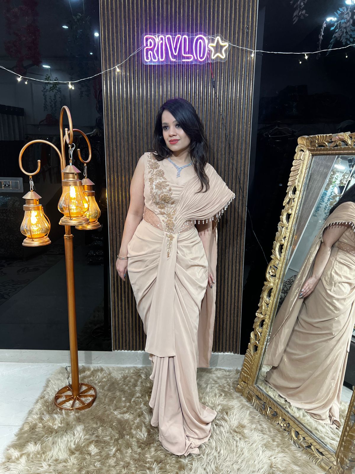 Ivory Draped Evening Gown with Embellished Detailing RC470