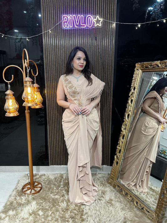 Ivory Draped Evening Gown with Embellished Detailing RC470