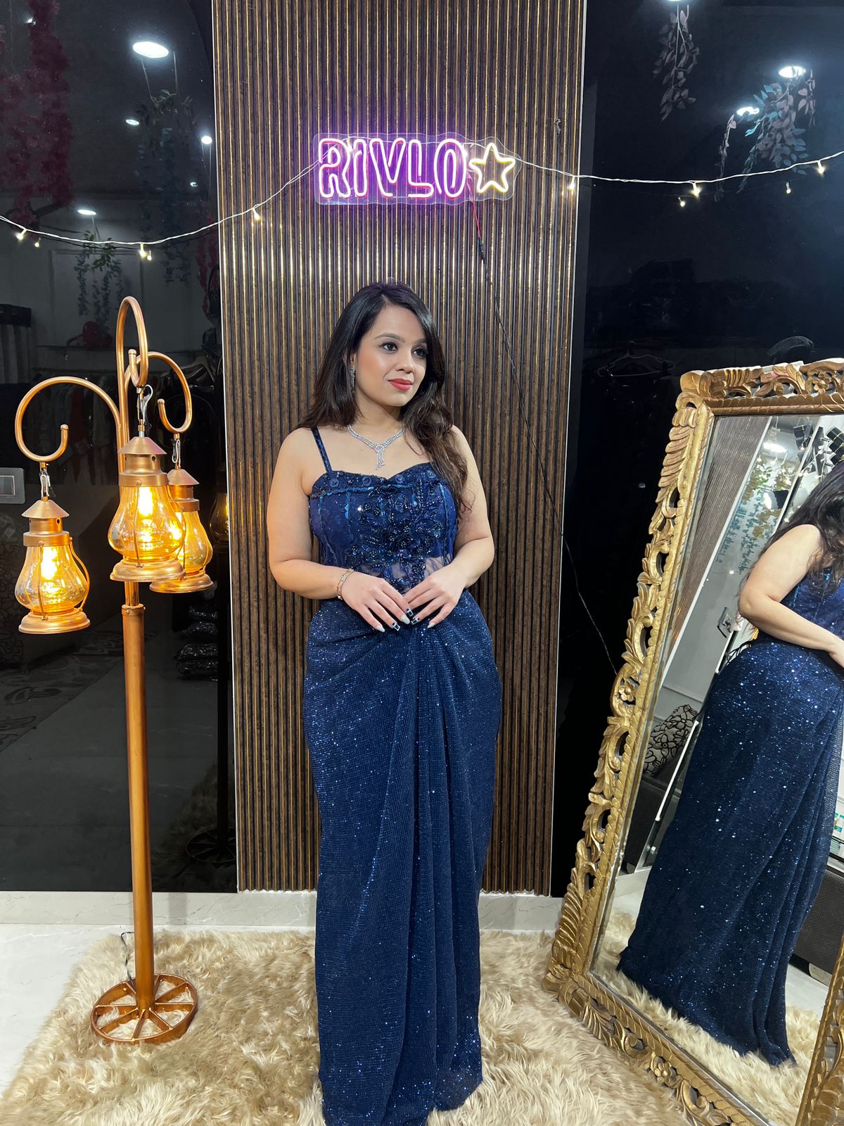 Blue Indo-Western Sequin Set with Corset Belt AC28