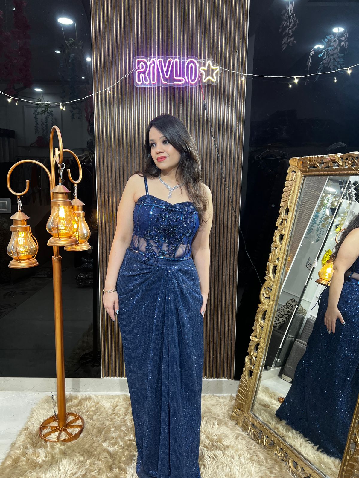 Blue Indo-Western Sequin Set with Corset Belt AC28