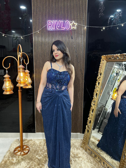 Blue Indo-Western Sequin Set with Corset Belt AC28