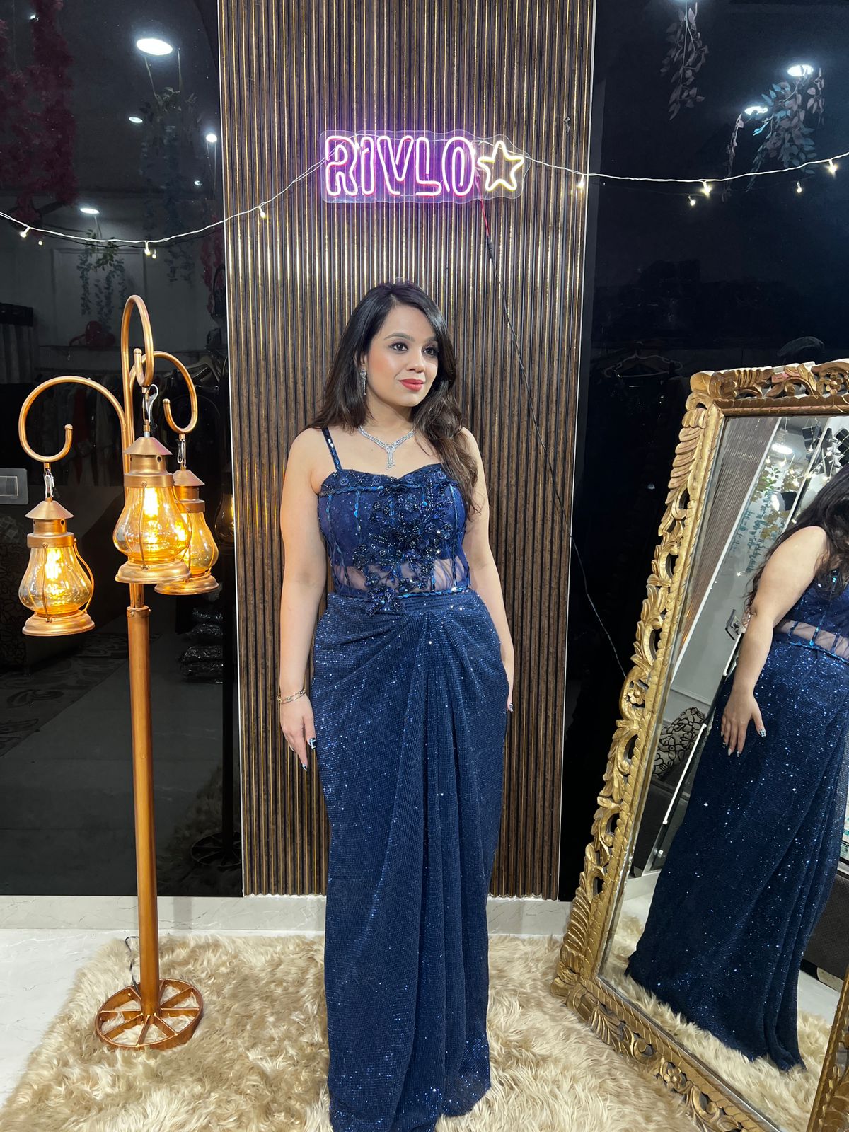 Blue Indo-Western Sequin Set with Corset Belt AC28