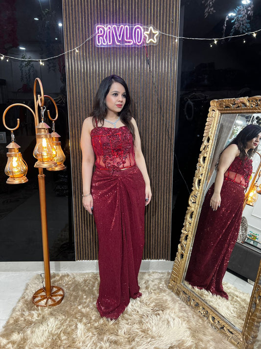 Red Indo-Western Sequin Set with Corset Belt AC27