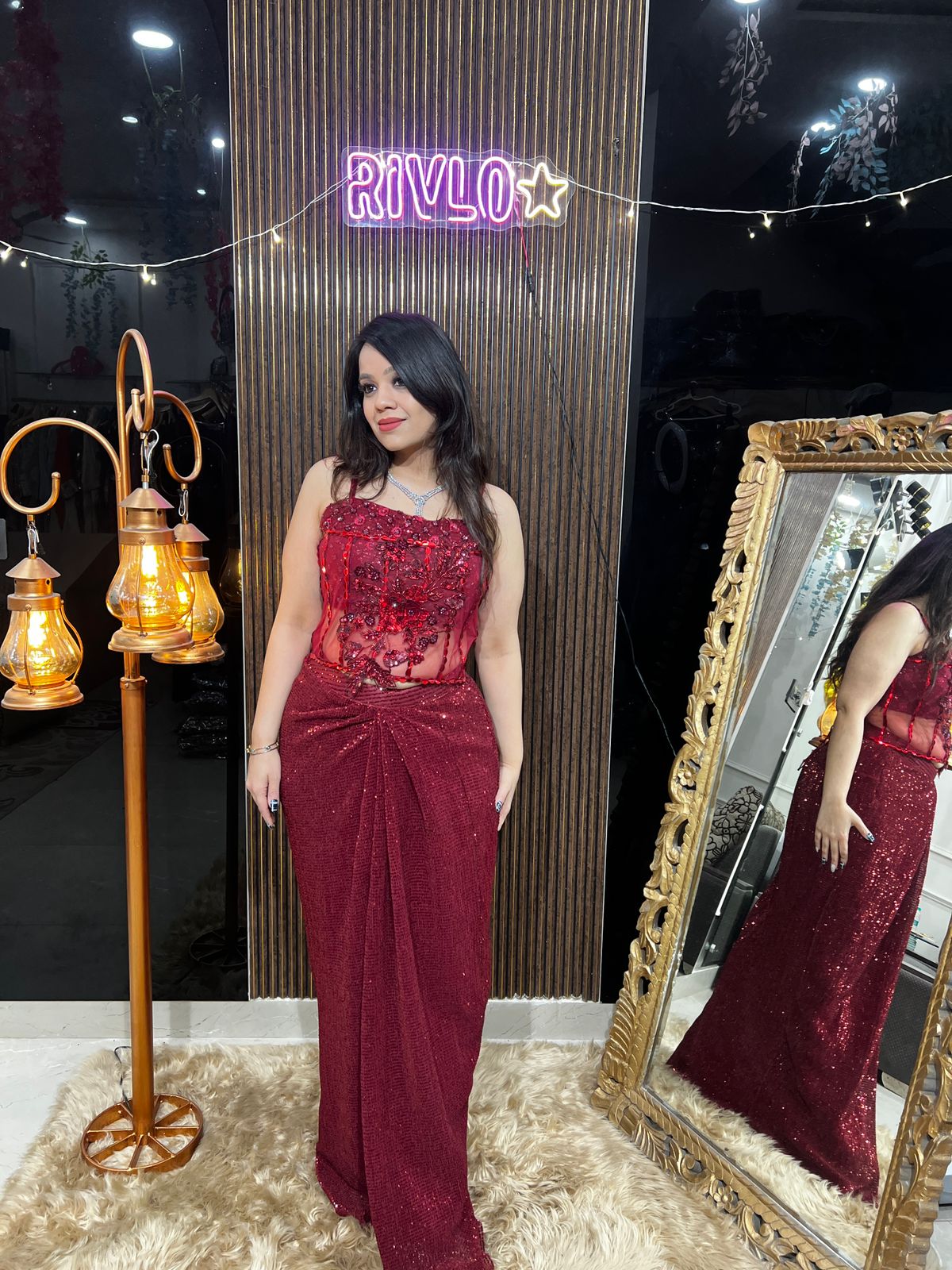 Red Indo-Western Sequin Set with Corset Belt AC27