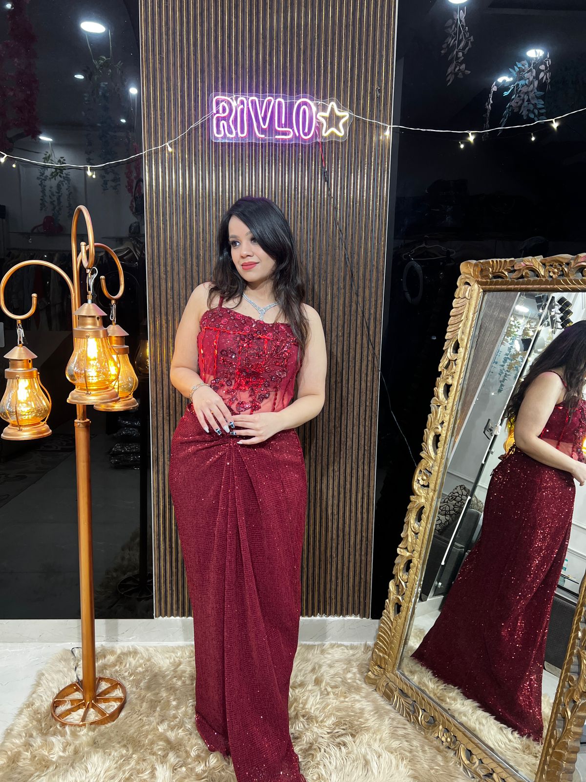 Red Indo-Western Sequin Set with Corset Belt AC27