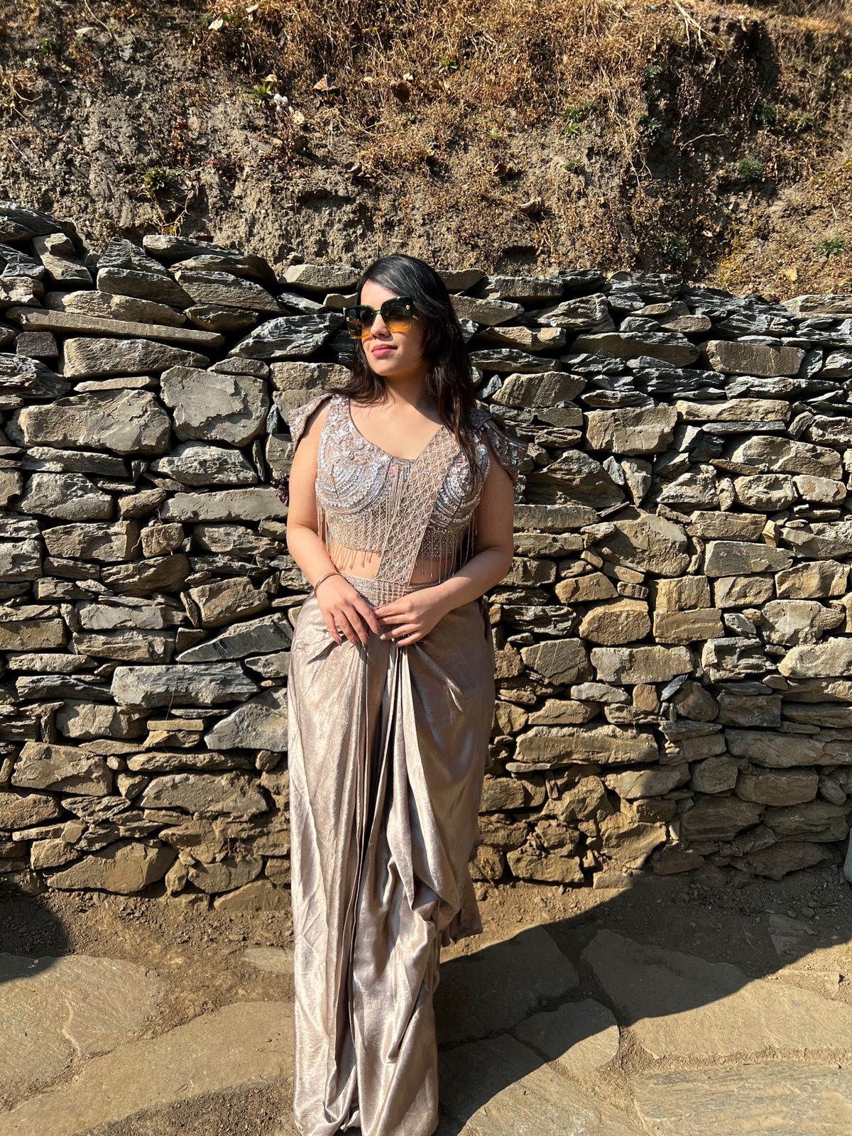 Champagne Metallic Pre-Draped Saree with Embellished Corset Blouse AC38