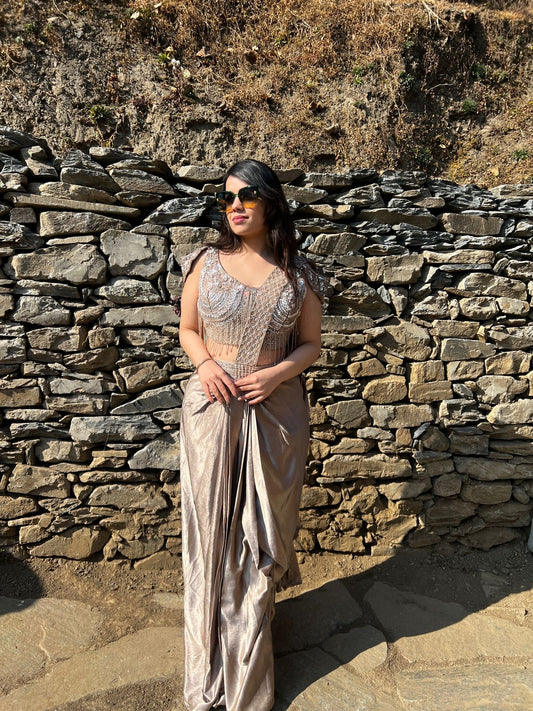 Champagne Metallic Pre-Draped Saree with Embellished Corset Blouse AC38
