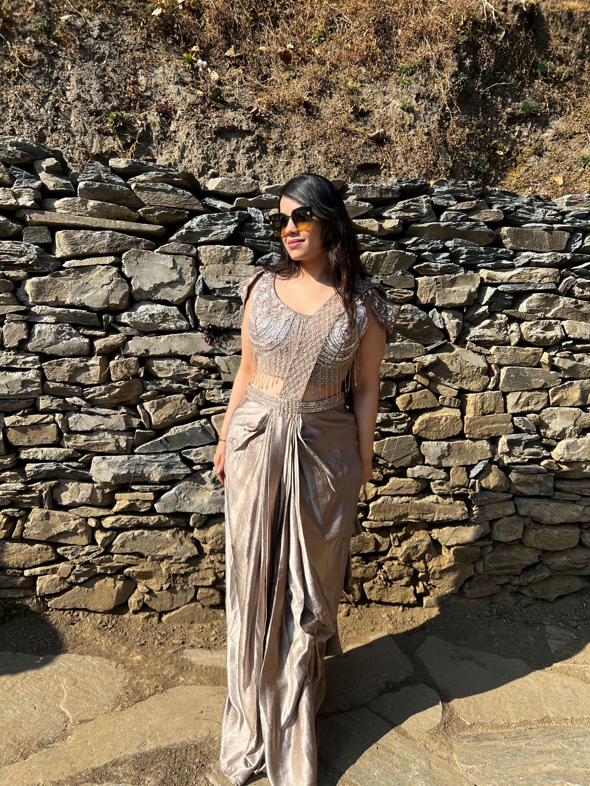 Champagne Metallic Pre-Draped Saree with Embellished Corset Blouse AC38