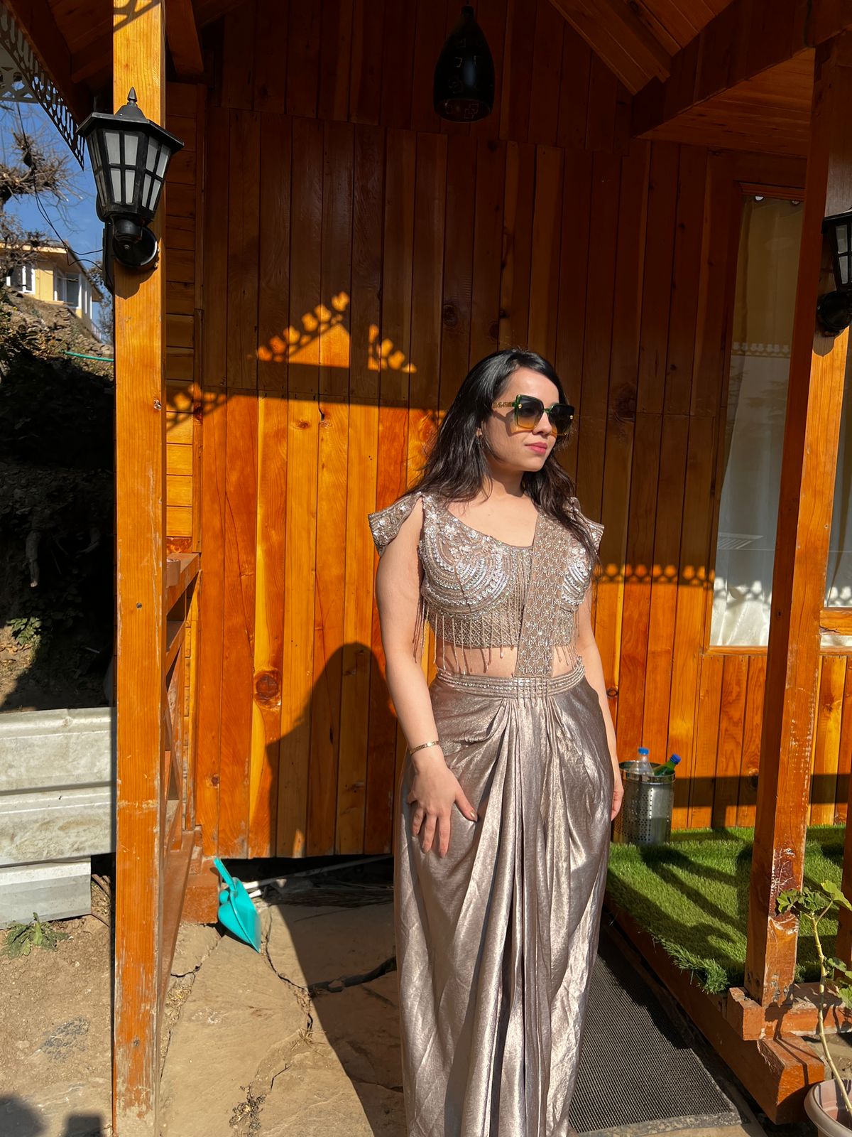 Champagne Metallic Pre-Draped Saree with Embellished Corset Blouse AC38