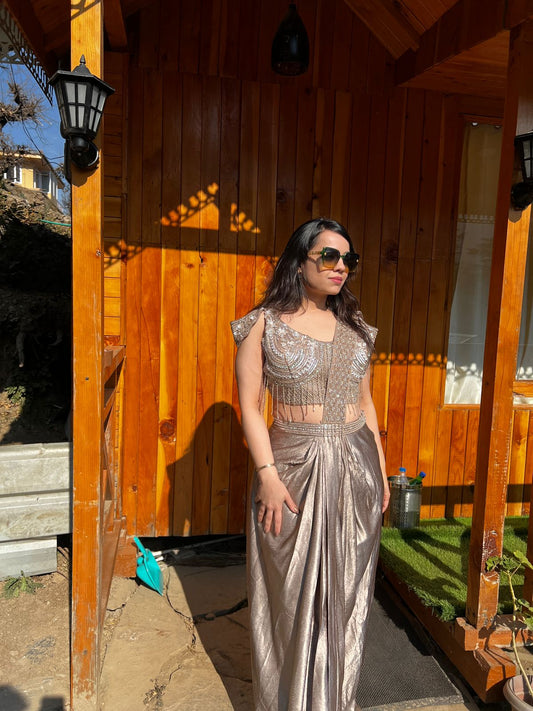 Champagne Metallic Pre-Draped Saree with Embellished Corset Blouse AC38