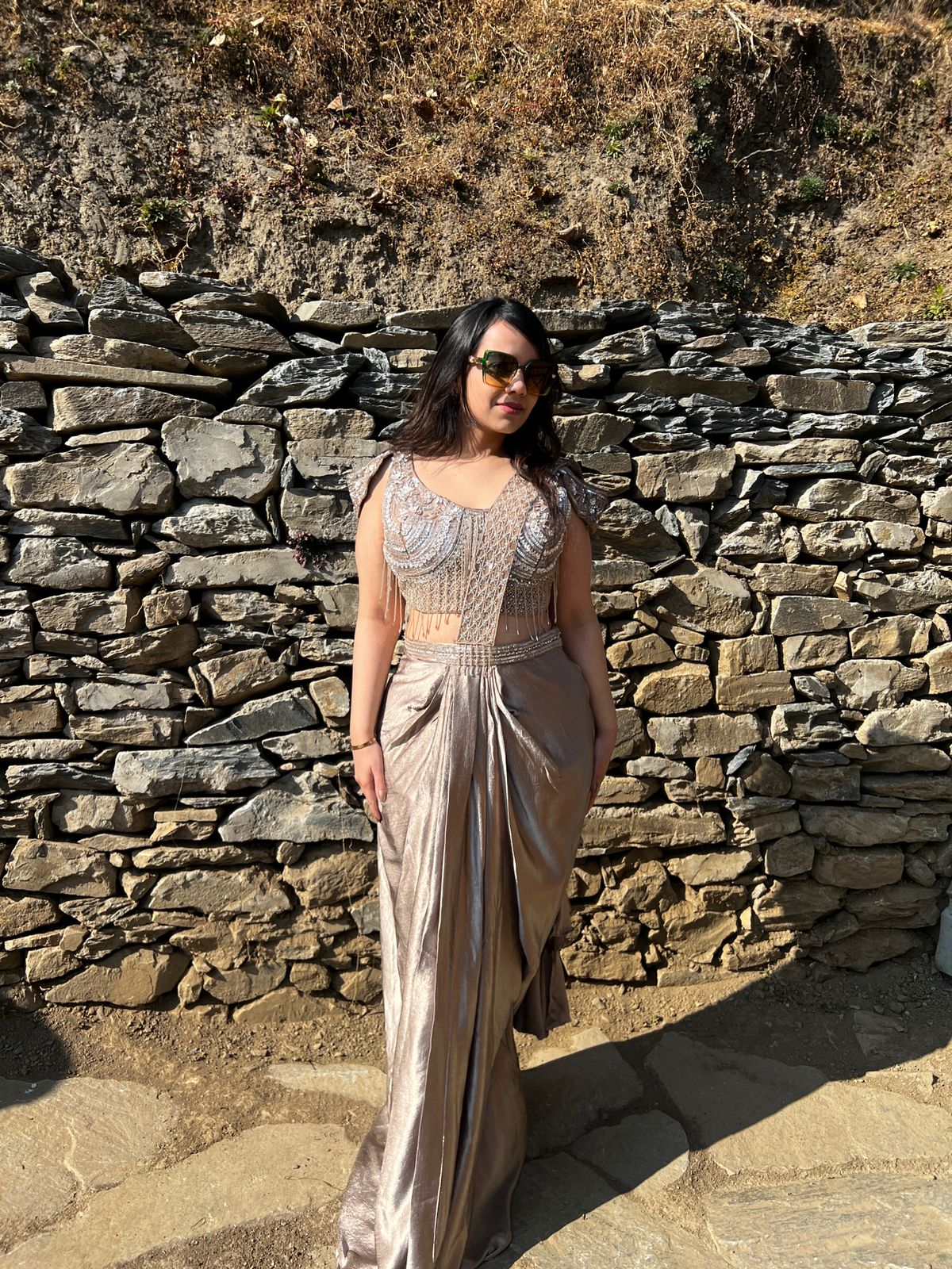 Champagne Metallic Pre-Draped Saree with Embellished Corset Blouse AC38