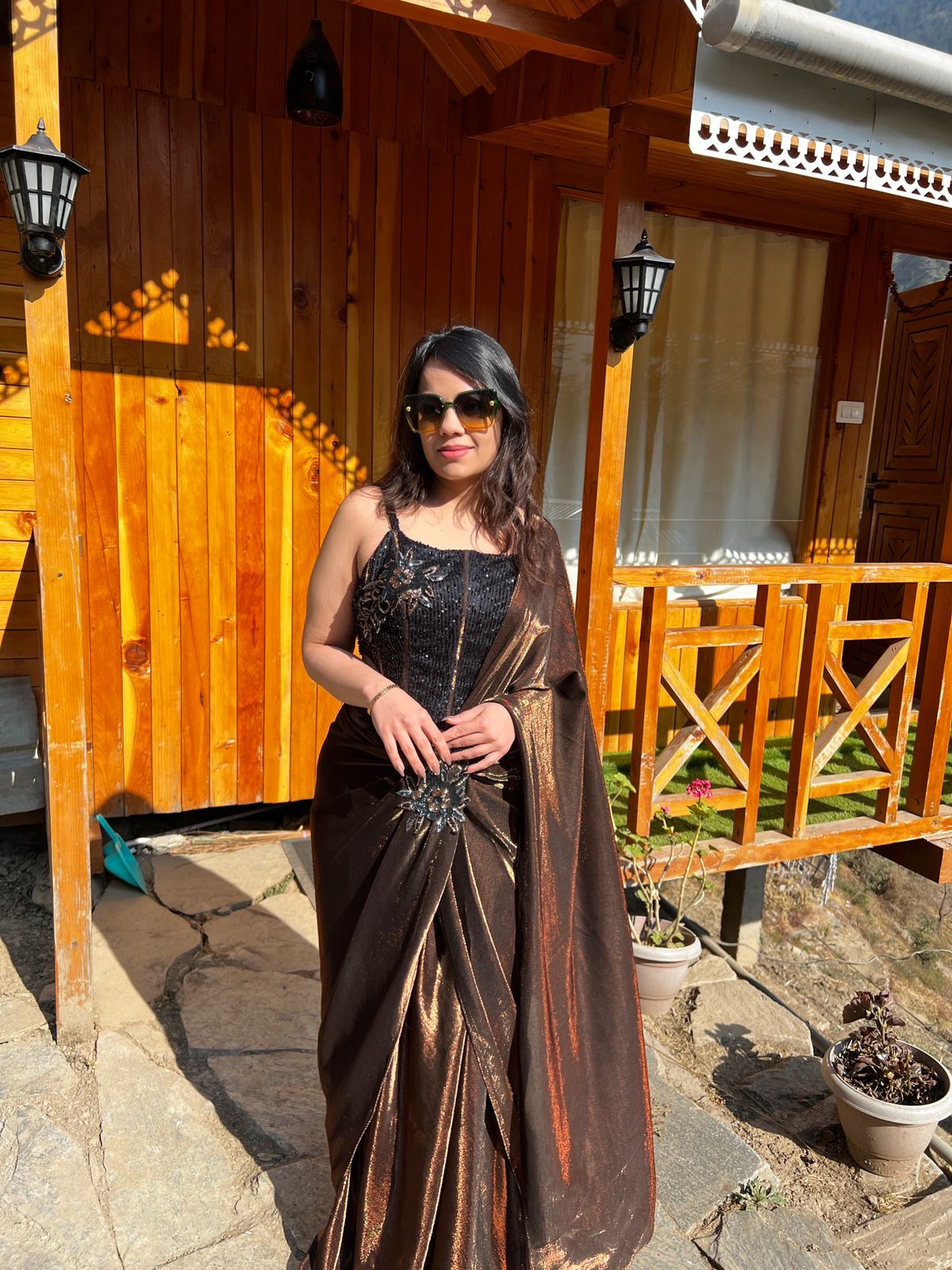 Bronze Metallic Pre-Draped Saree with Embellished Corset Blouse AC37