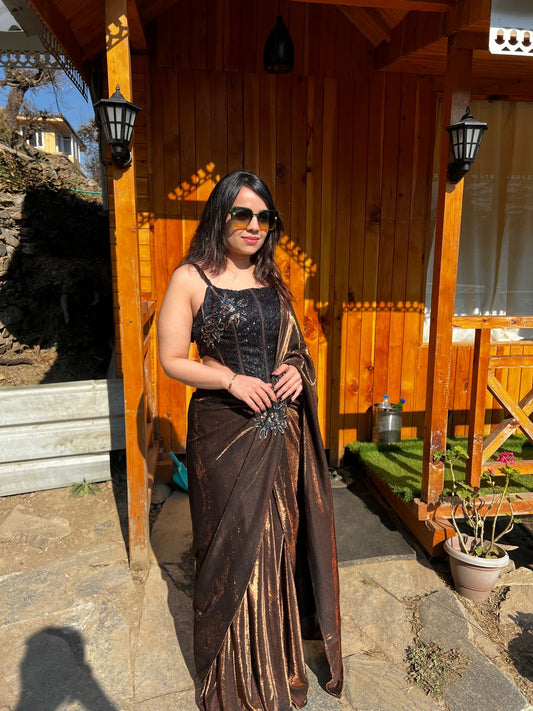 Bronze Metallic Pre-Draped Saree with Embellished Corset Blouse AC37