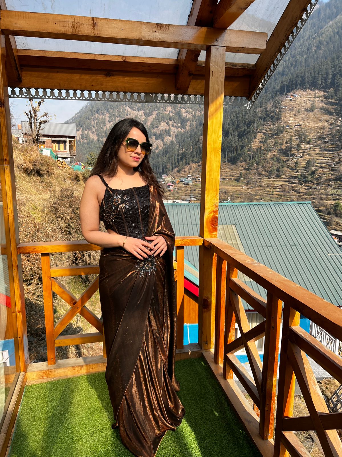 Bronze Metallic Pre-Draped Saree with Embellished Corset Blouse AC37