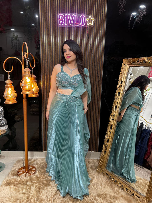 Crystal Blue-Embellished Pre-Draped Saree Set with Blouse AC36