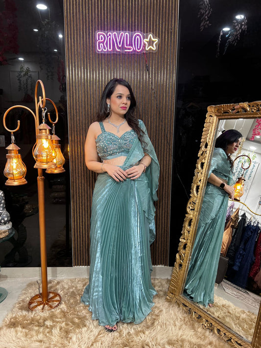 Crystal Blue-Embellished Pre-Draped Saree Set with Blouse AC36