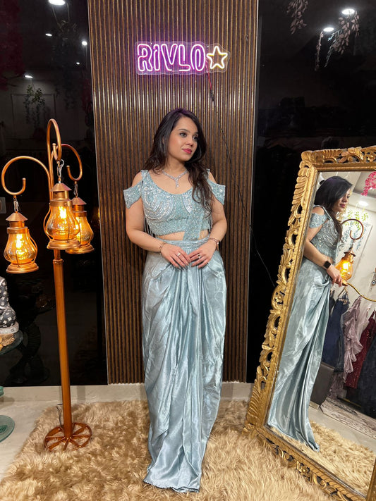 Ice Blue And Lavender Metallic Pre-Draped Saree with Embellished Corset Blouse AC39