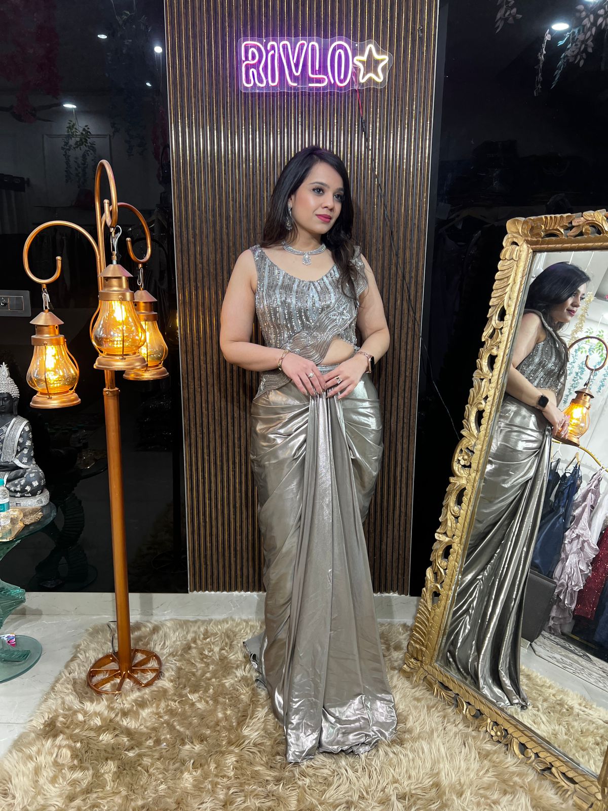 Champagne Metallic Pre-Draped Saree with Embellished Cut-Out Blouse AC44