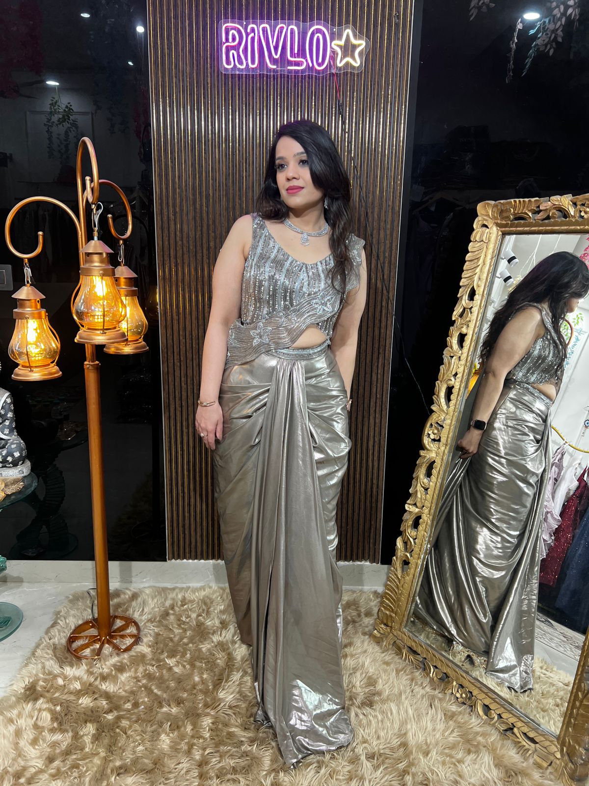 Champagne Metallic Pre-Draped Saree with Embellished Cut-Out Blouse AC44