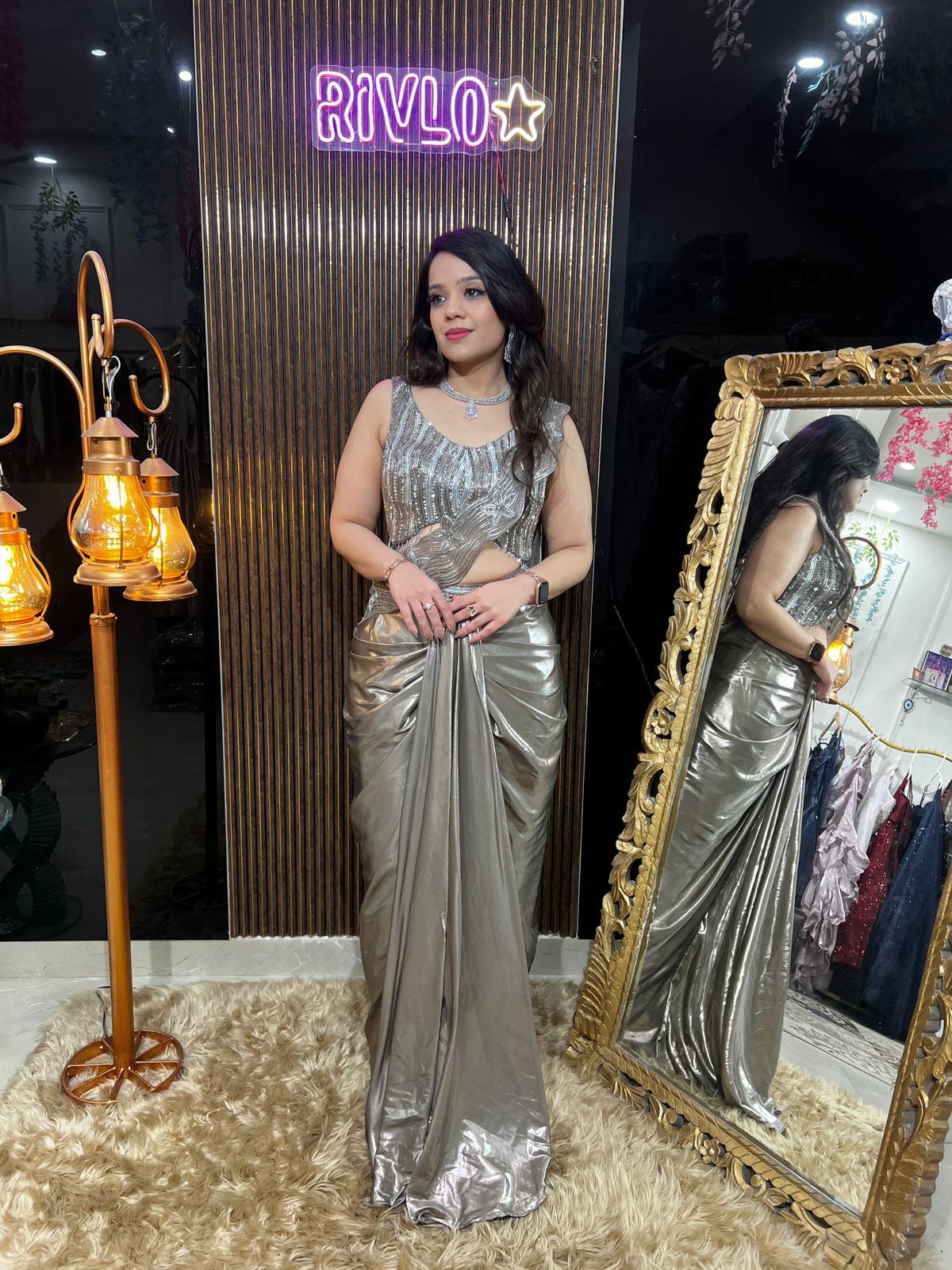 Champagne Metallic Pre-Draped Saree with Embellished Cut-Out Blouse AC44
