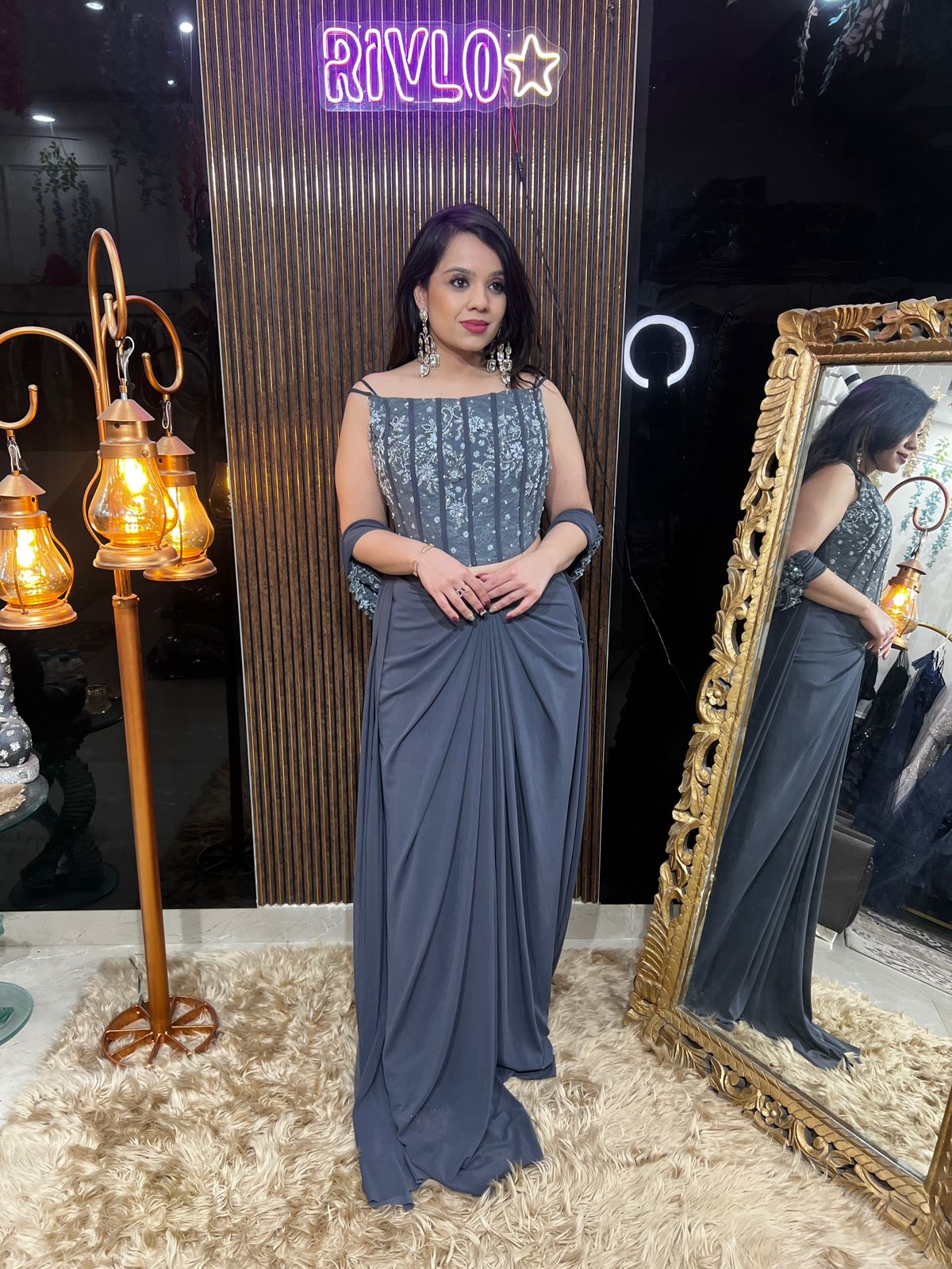 Charcoal Grey, Green,Brown Pre-Draped Saree with Embroidered Corset Blouse RC483