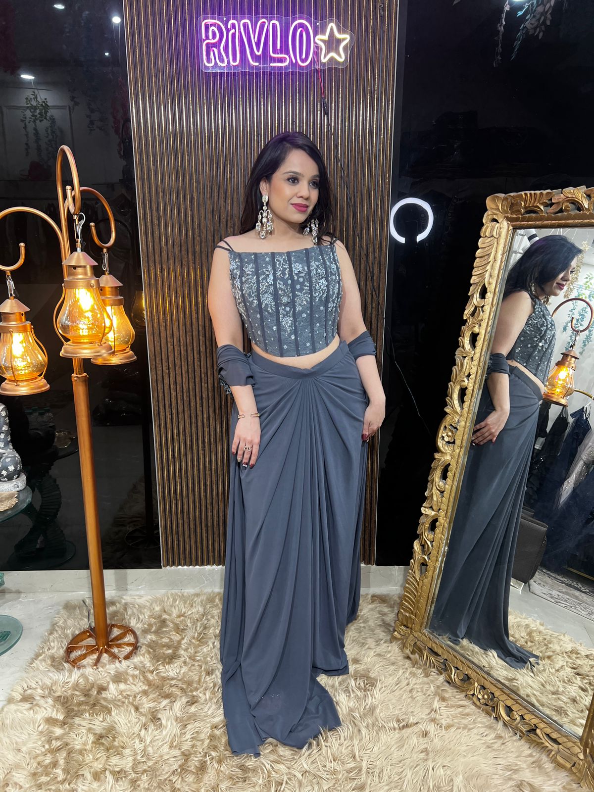 Charcoal Grey, Green,Brown Pre-Draped Saree with Embroidered Corset Blouse RC483