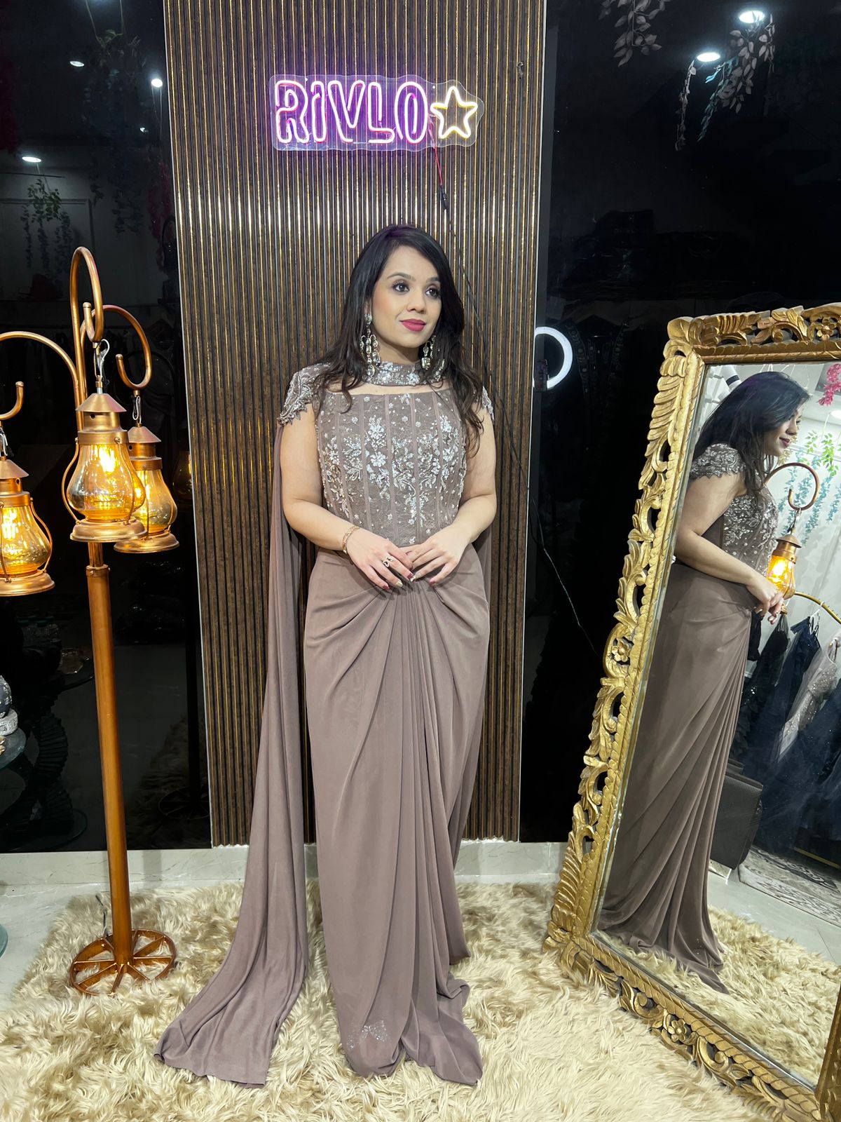 Charcoal Grey, Green,Brown Pre-Draped Saree with Embroidered Corset Blouse RC483