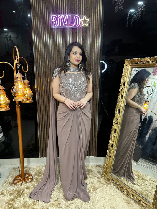 Charcoal Grey, Green,Brown Pre-Draped Saree with Embroidered Corset Blouse RC483