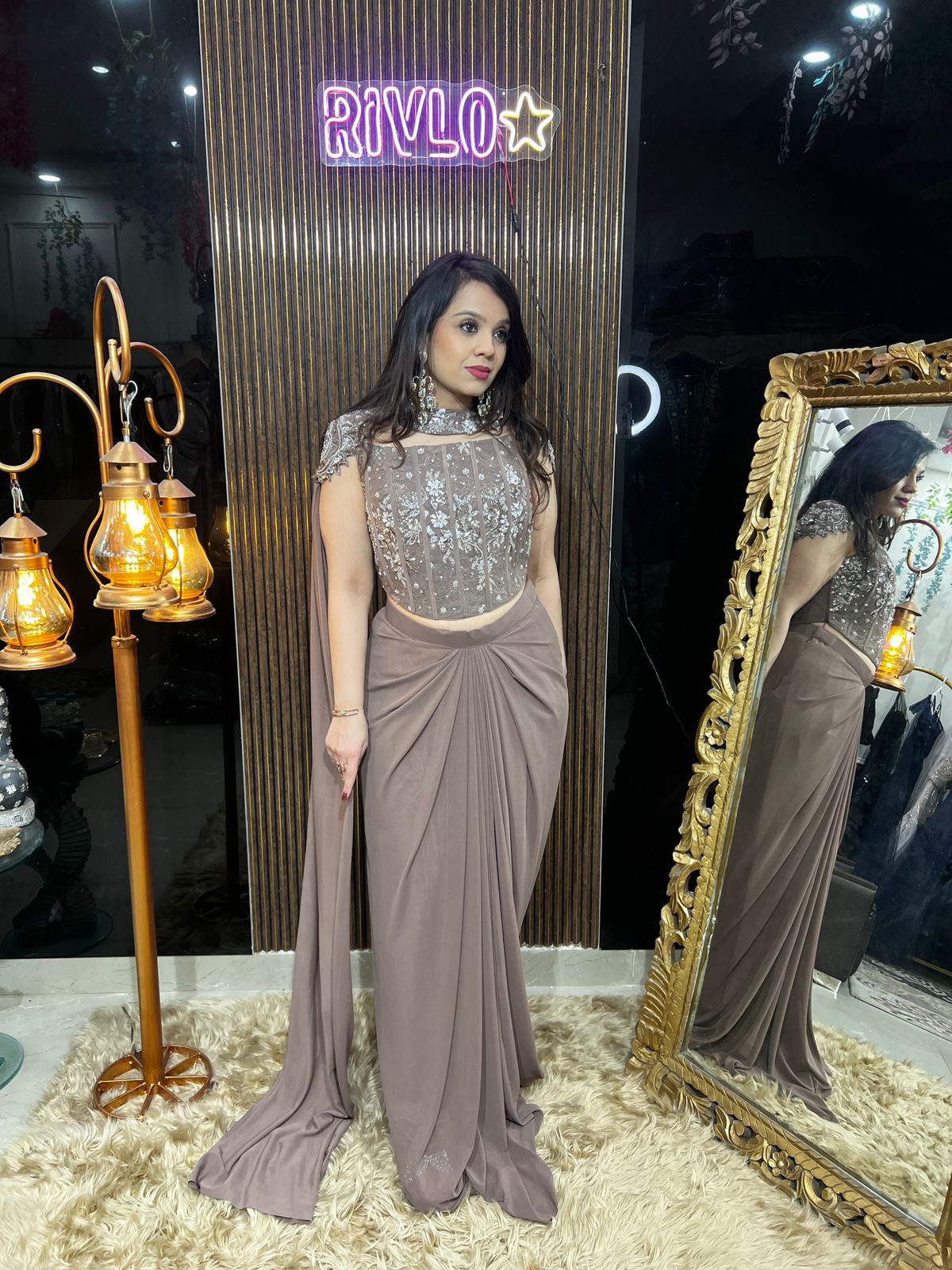 Charcoal Grey, Green,Brown Pre-Draped Saree with Embroidered Corset Blouse RC483