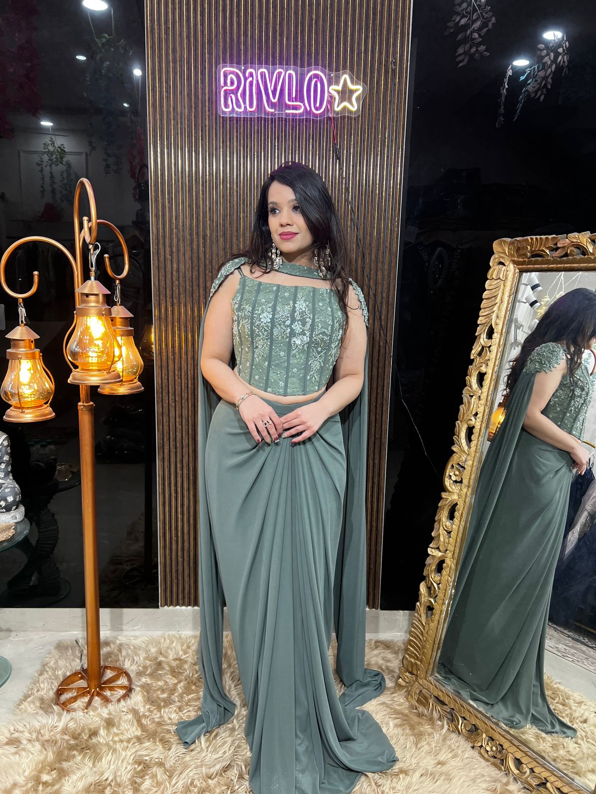 Charcoal Grey, Green,Brown Pre-Draped Saree with Embroidered Corset Blouse RC483