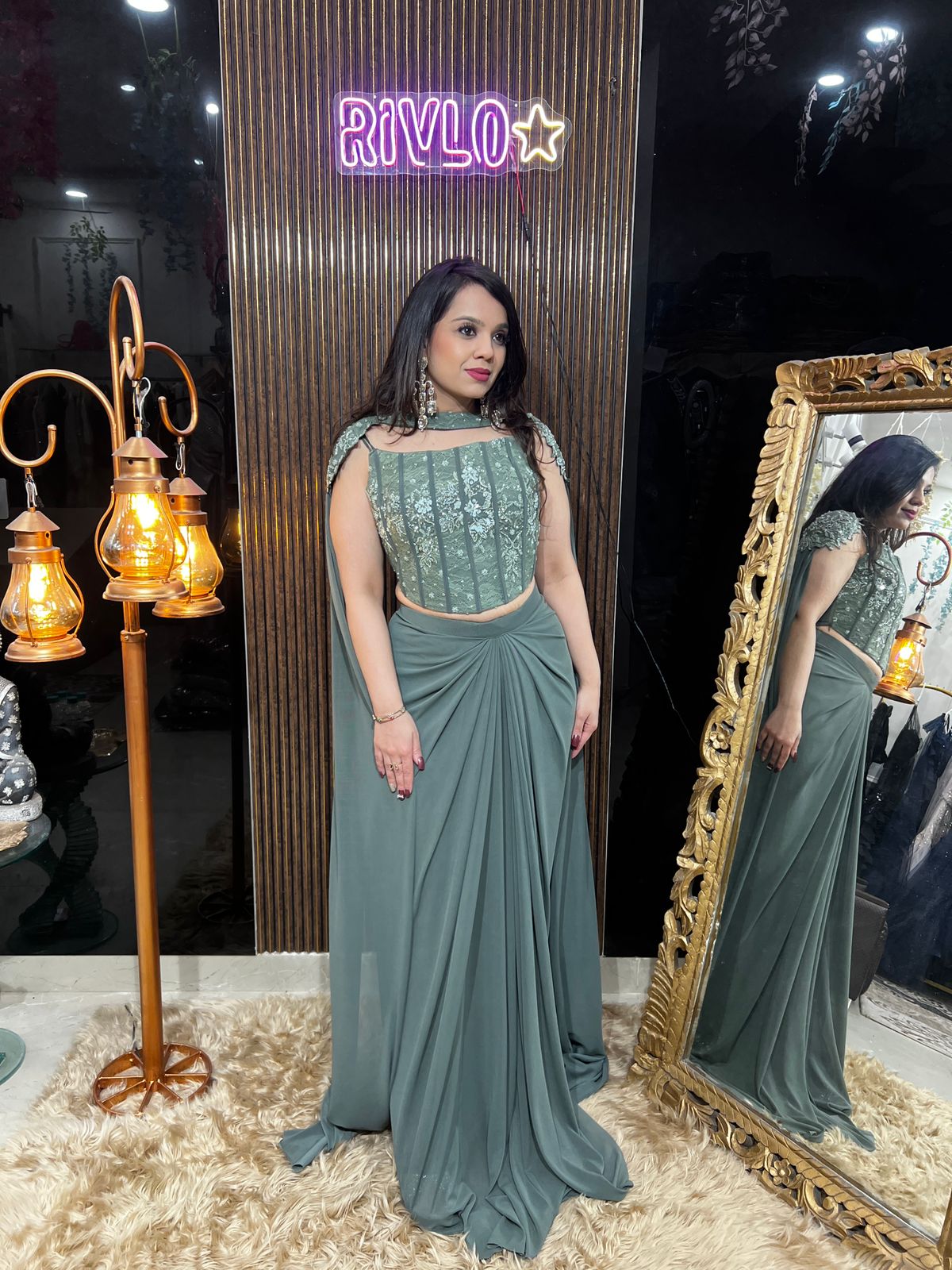 Charcoal Grey, Green,Brown Pre-Draped Saree with Embroidered Corset Blouse RC483