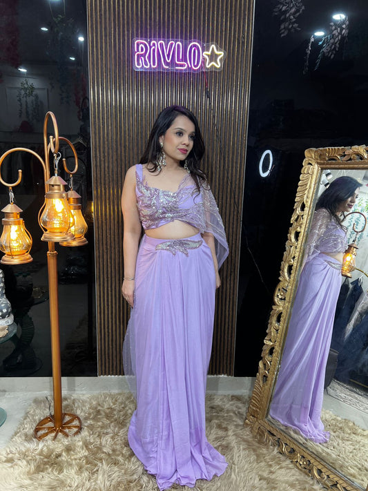 Lavender Pre-Draped Saree with Embellished Draped Blouse RC479