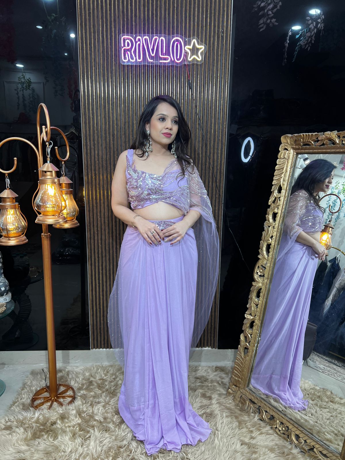 Lavender Pre-Draped Saree with Embellished Draped Blouse RC479