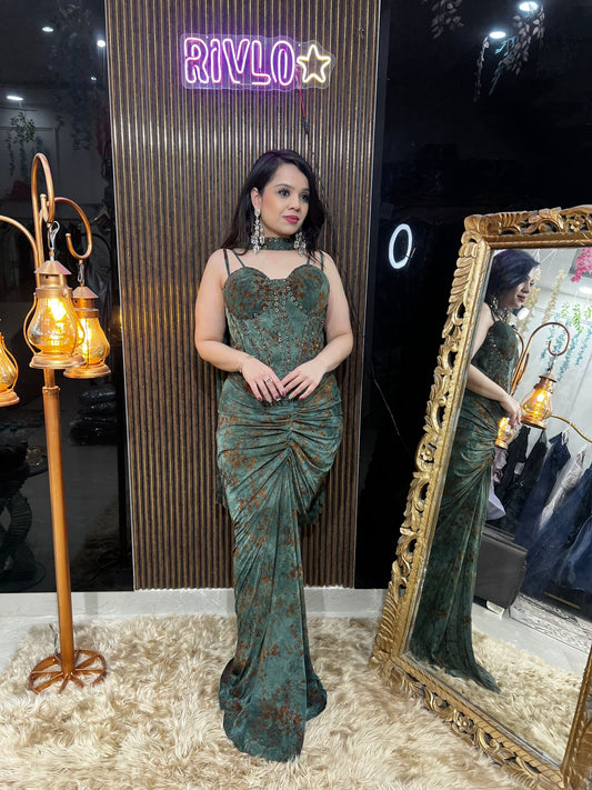 Green And Black Suede Stylish 2 piece indo cowl dress with chocker dupatta RC480