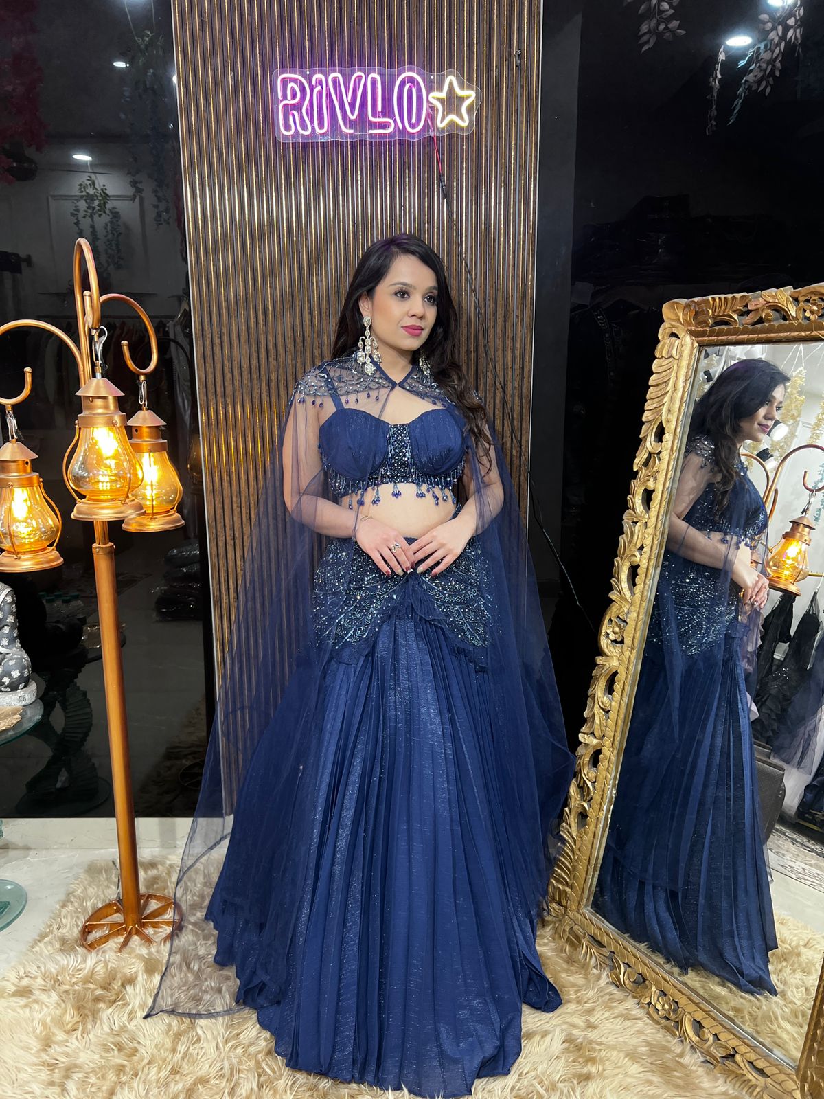 Elegant Blue  Pleated Lehnega With Cape AC49