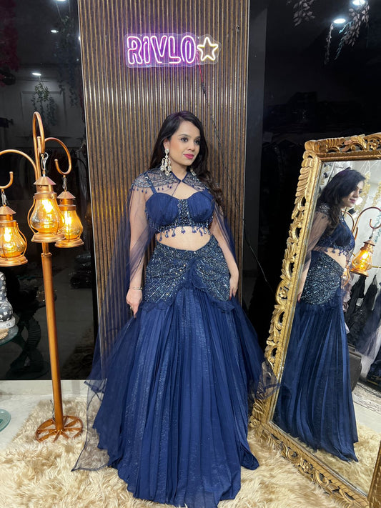 Elegant Blue  Pleated Lehnega With Cape AC49