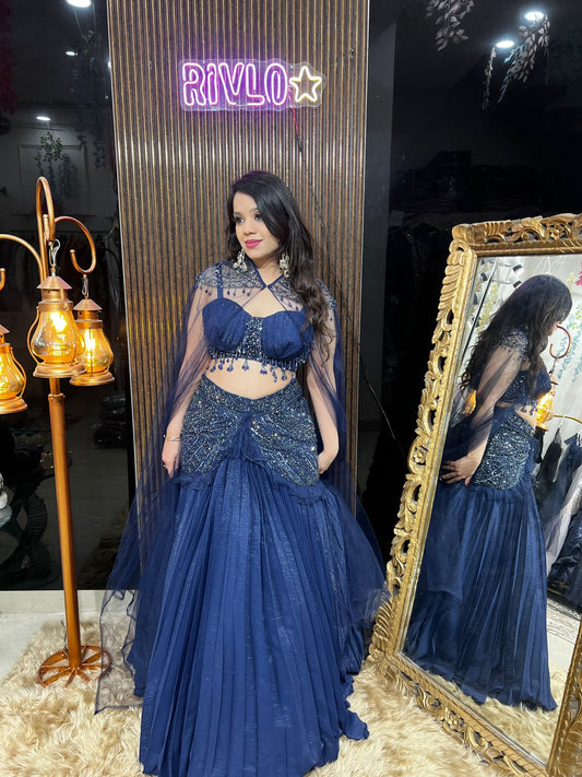 Elegant Blue  Pleated Lehnega With Cape AC49