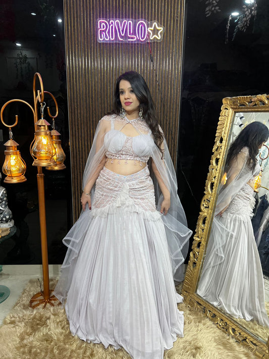 Elegant Ivory Pink Pleated Lehnega With Cape AC48