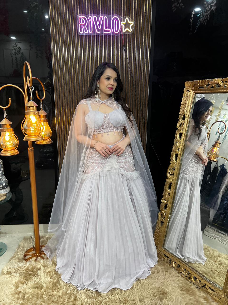 Elegant Ivory Pink Pleated Lehnega With Cape AC48