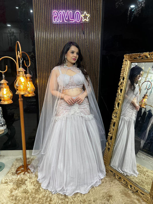 Elegant Ivory Pink Pleated Lehnega With Cape AC48