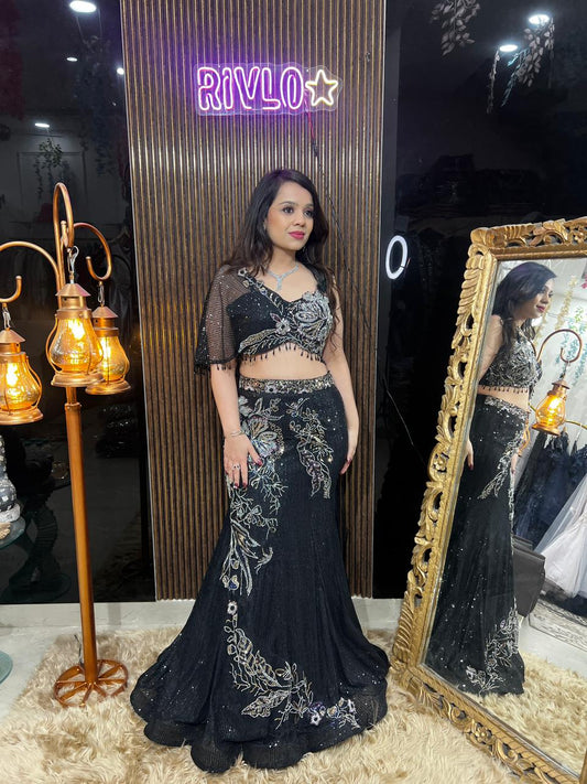 Black Embroidered Lehenga Set with Statement Blouse AC51